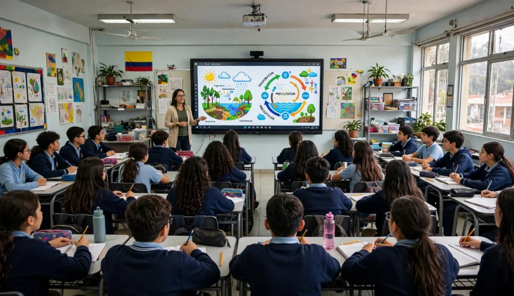 Docentes usando una pantalla interactiva en el aula con acompañamiento de Online Business IT en Colombia