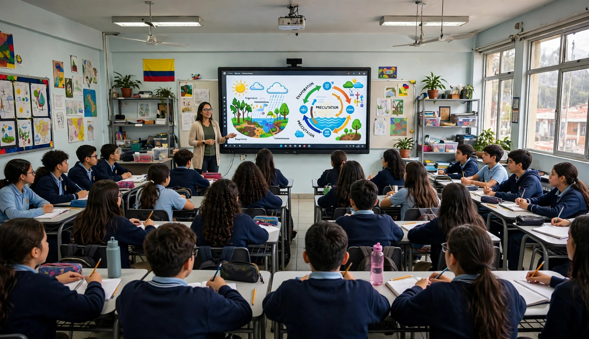 Docentes usando una pantalla interactiva en el aula con acompañamiento de Online Business IT en Colombia
