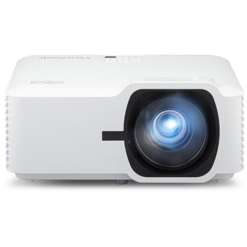 Proyector láser ViewSonic LSD600W blanco, vista frontal · Panel de conexiones del ViewSonic LSD600W con dos puertos HDMI · ViewSonic LSD600W proyectando en un auditorio con luz